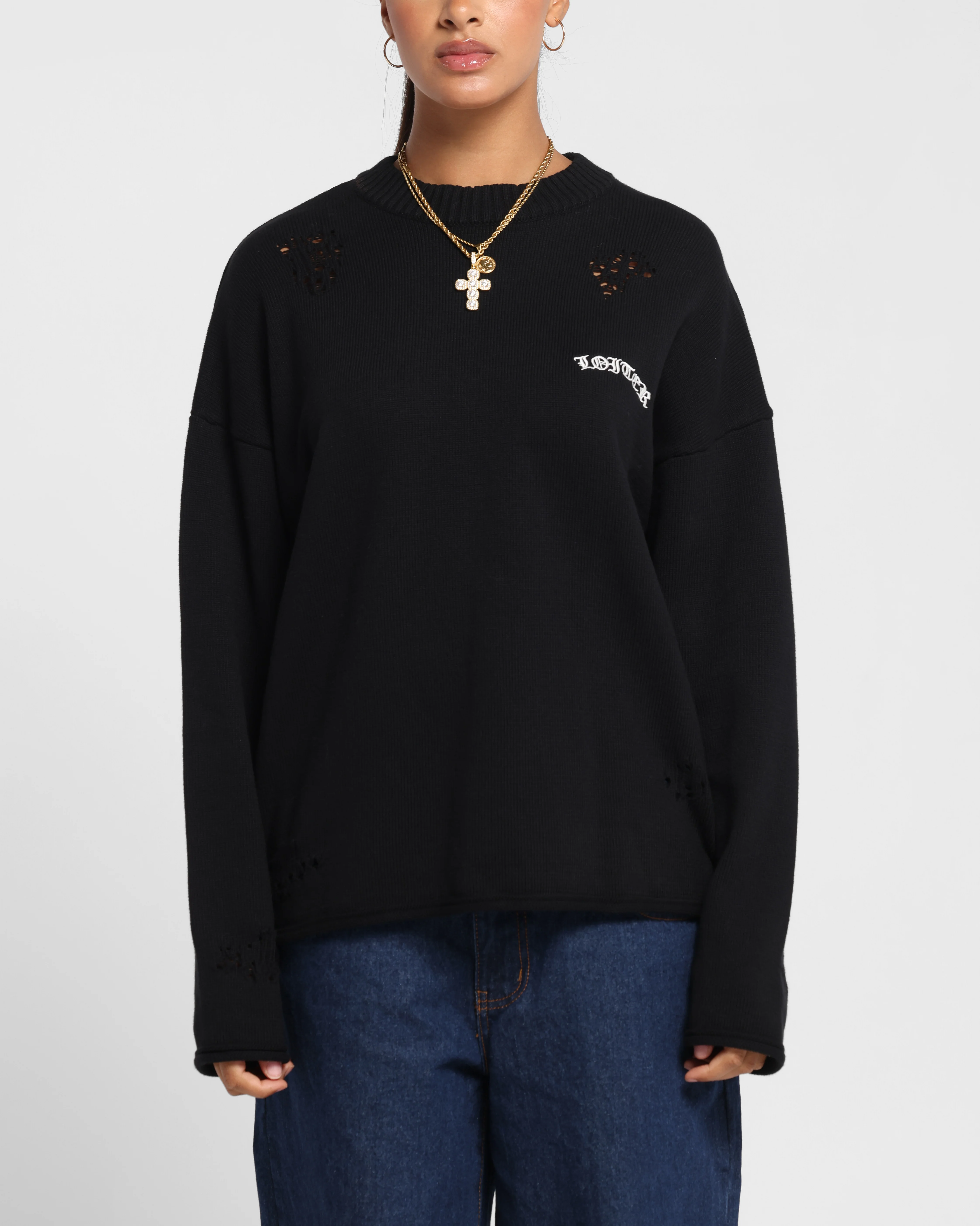 Loiter Chopper Long Sleeve Knitted Sweater Black