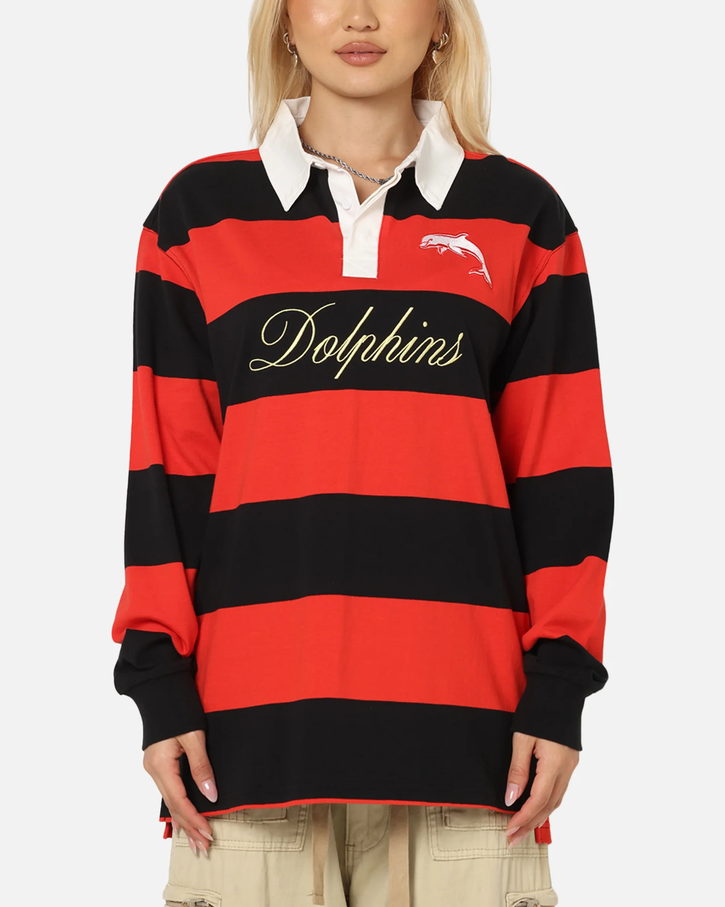 Bleacher Athletic Dolphins NRL Stripe Rugby Polo Shirt Official Team Colour