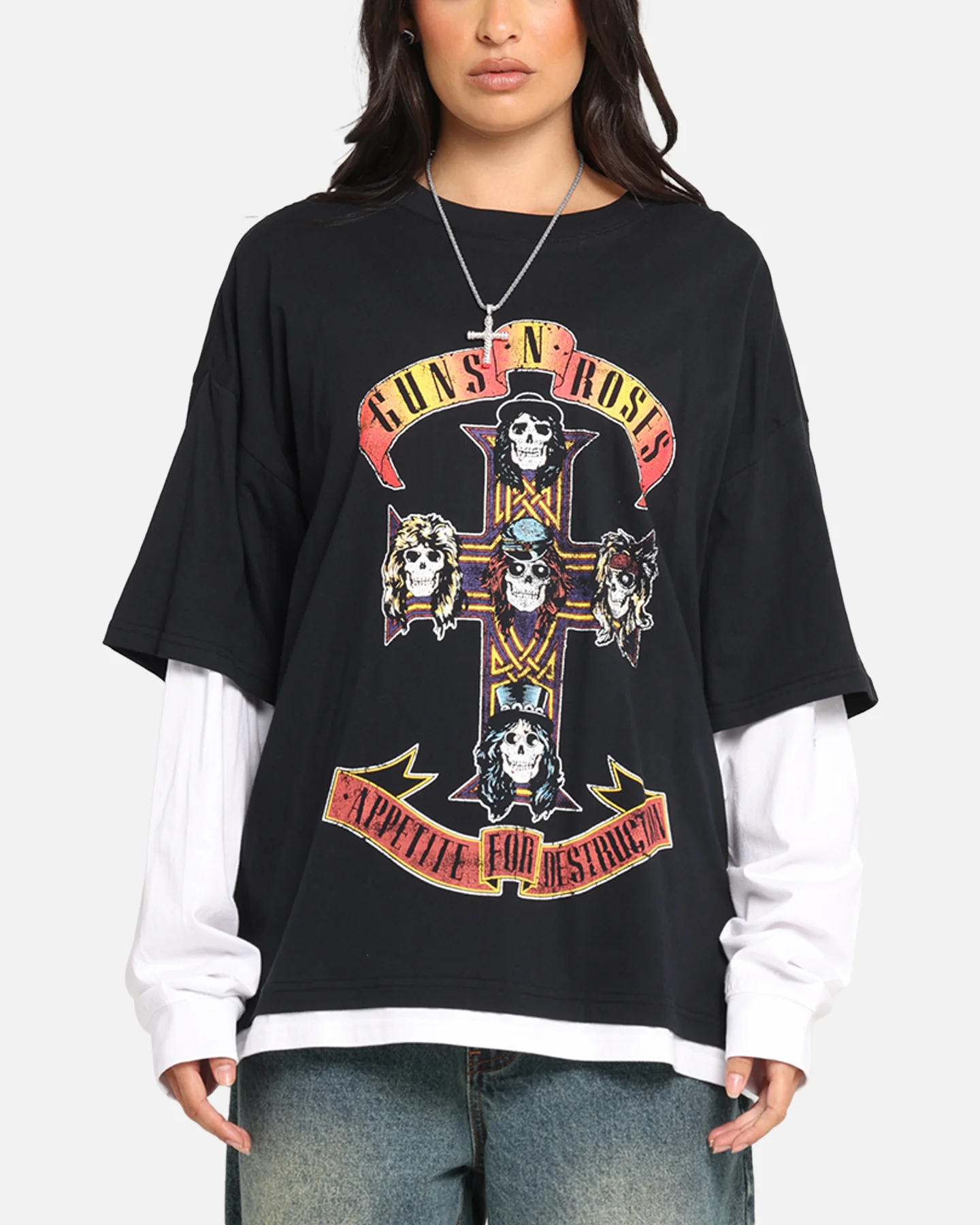 G N Roses Roses Layered Long Sleeve T-Shirt Black Wash
